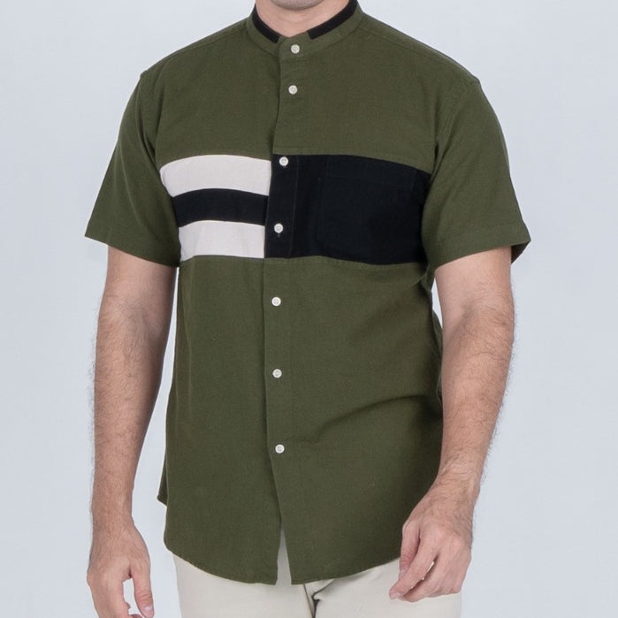 Benhill Kemeja Koko Pria Linen Combination Pendek Army 50054-51166-16H