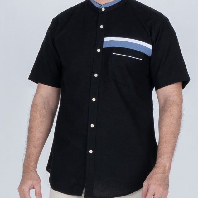 Benhill Kemeja Koko Pria Linen Combination Pendek Black 50383-51166-162