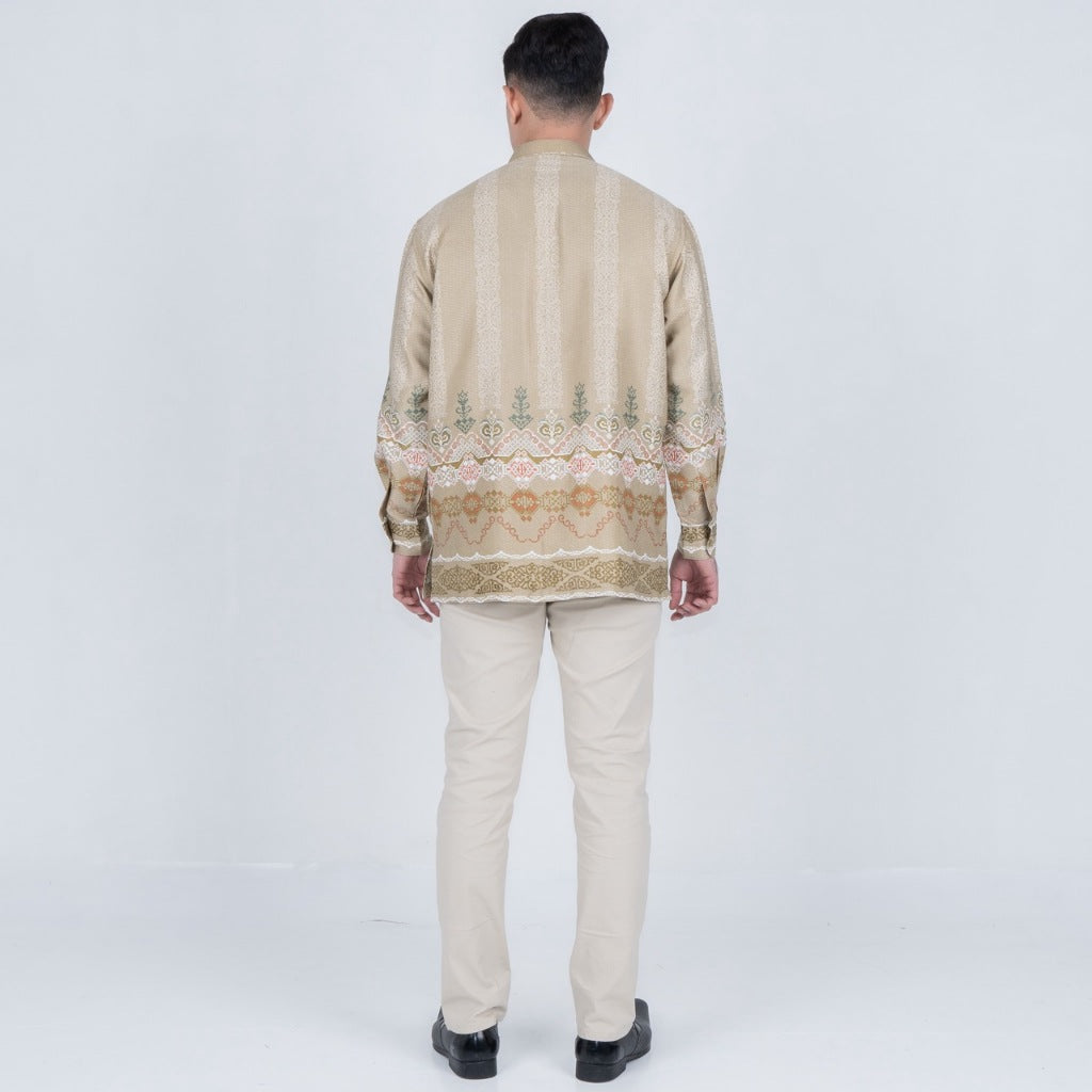 Benhill Kemeja Koko Pria "Tenun Sultan" Dobby Printing Panjang Coklat Susu 51033-36509
