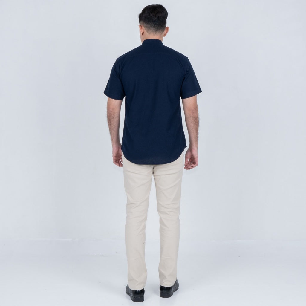 Benhill Kemeja Koko Pria Linen Combination Pendek Navy 50051-16G10
