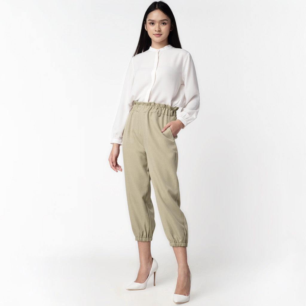 Benhill Celana " Eunji" Bahan Wanita High Waist Jogger Pant Pinggang Karet Khaki 218-39575