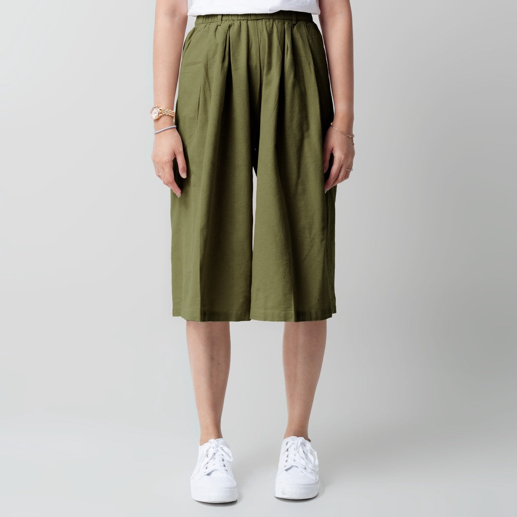 Benhill Celana Wanita Cullotes Linen Polos Pinggang Karet Olive 894-16H95