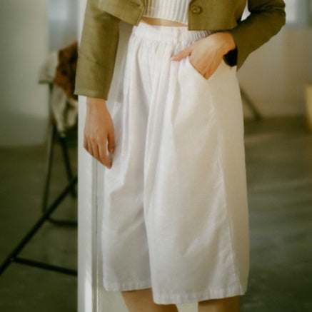 Benhill Celana Wanita Cullotes Linen Polos Pinggang Karet Putih 923-16195