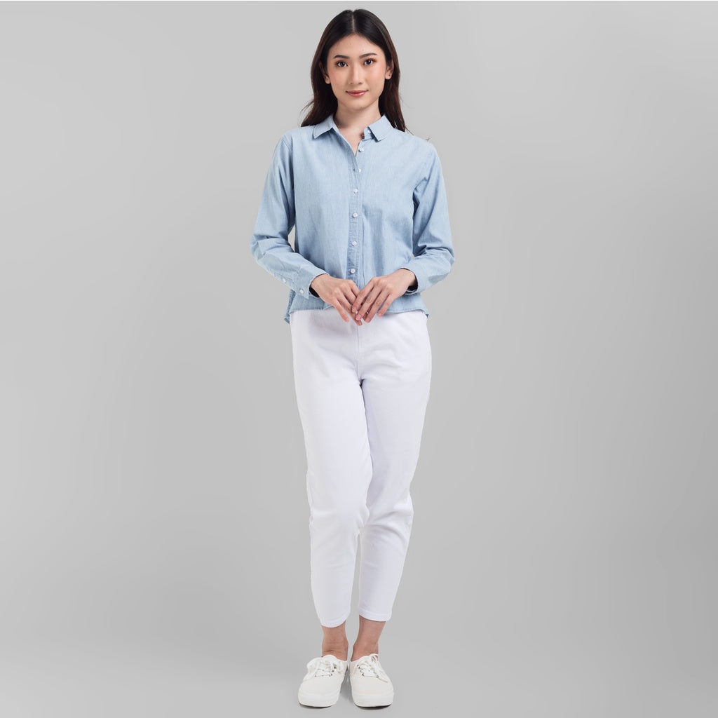 Benhill Kemeja Crop Top Wanita Denim Lengan Panjang Light Blue 820-19384