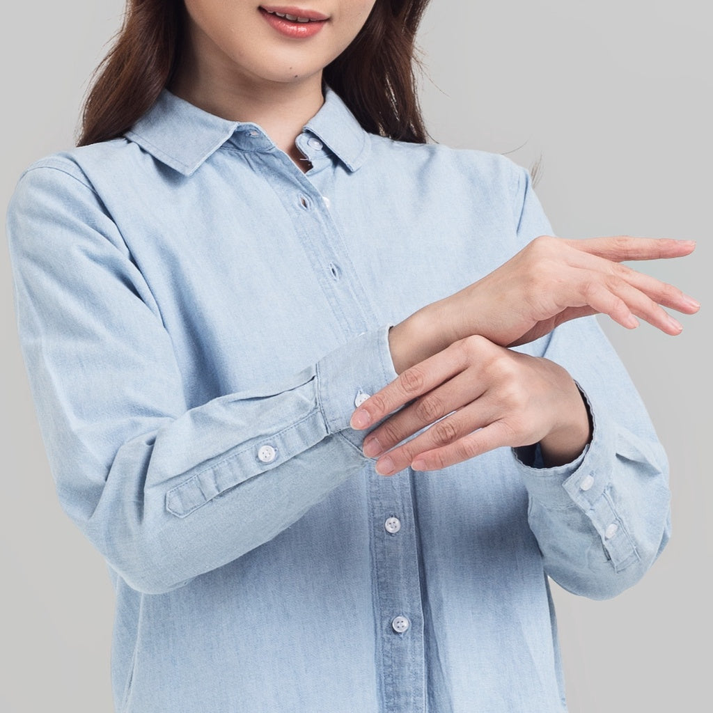 Benhill Kemeja Crop Top Wanita Denim Lengan Panjang Light Blue 820-19384