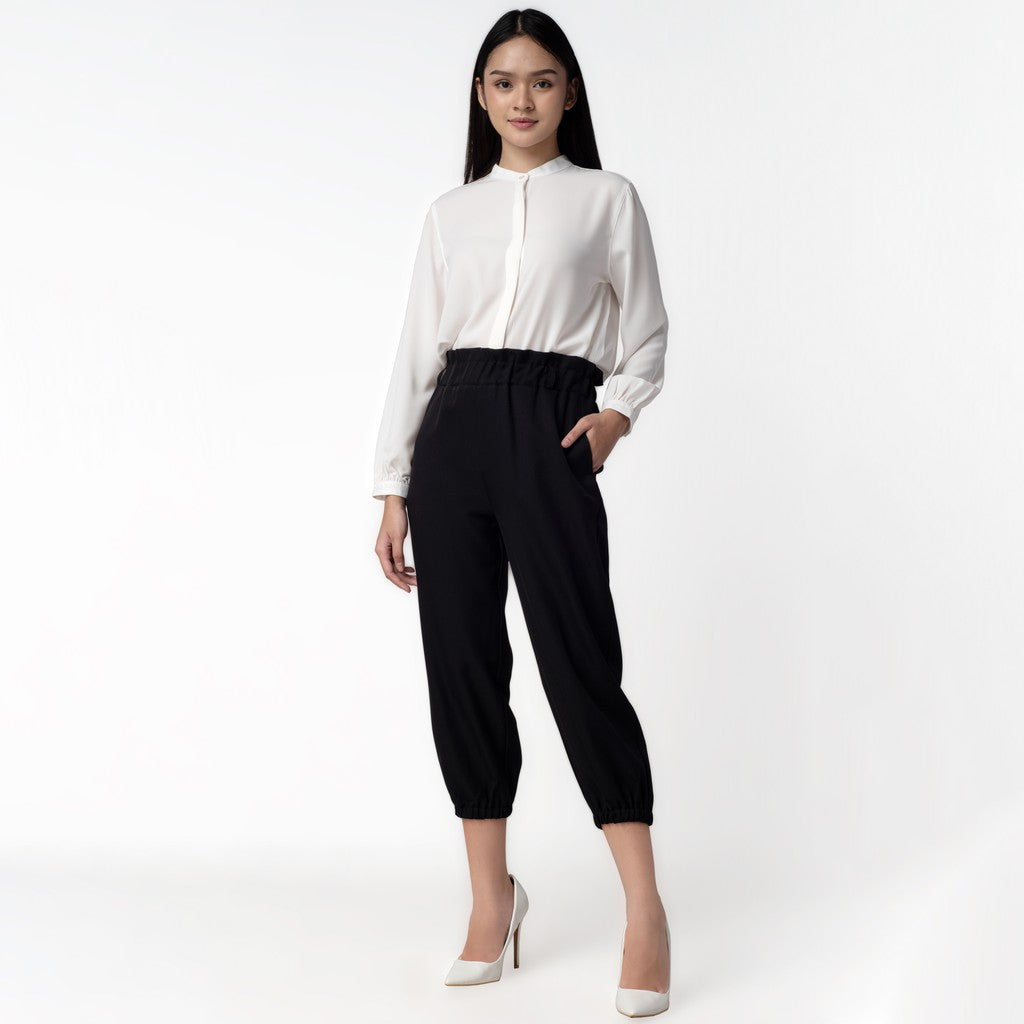 Benhill Celana " Eunji" Bahan Wanita High Waist Jogger Pant Pinggang Karet Black 219-39275