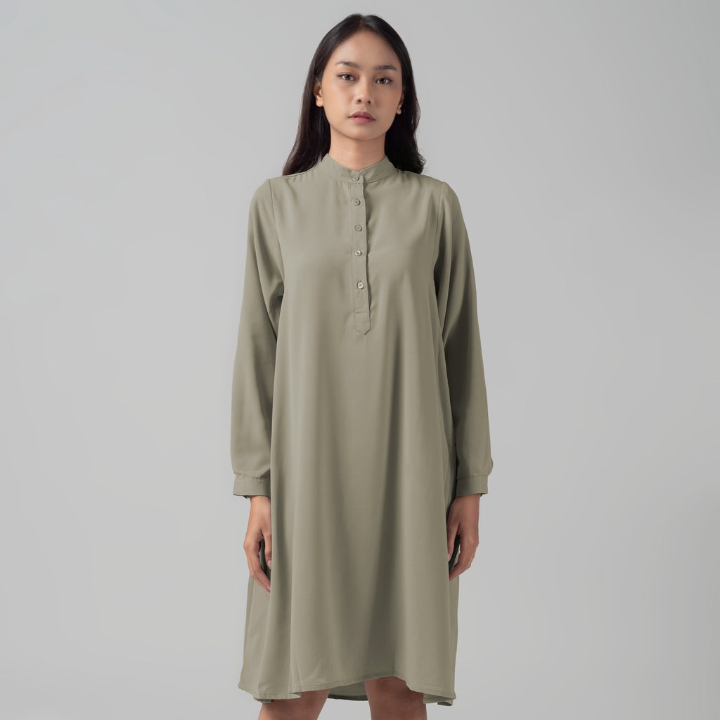 Benhill Kemeja "Hee soo" Tunik Dress Wanita Krah Shanghai Lengan Panjang Olive 912-29787
