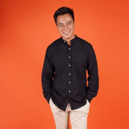 Benhill Kemeja Pria Polos Panjang Krah Shanghai Linen Premium Black 05-12271