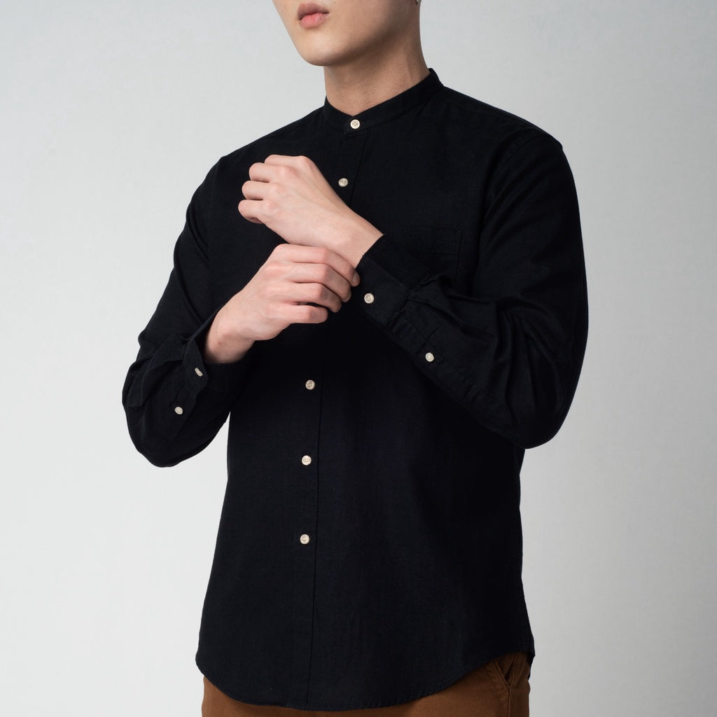 Benhill Kemeja Pria Polos Panjang Krah Shanghai Linen Premium Black 05-12271