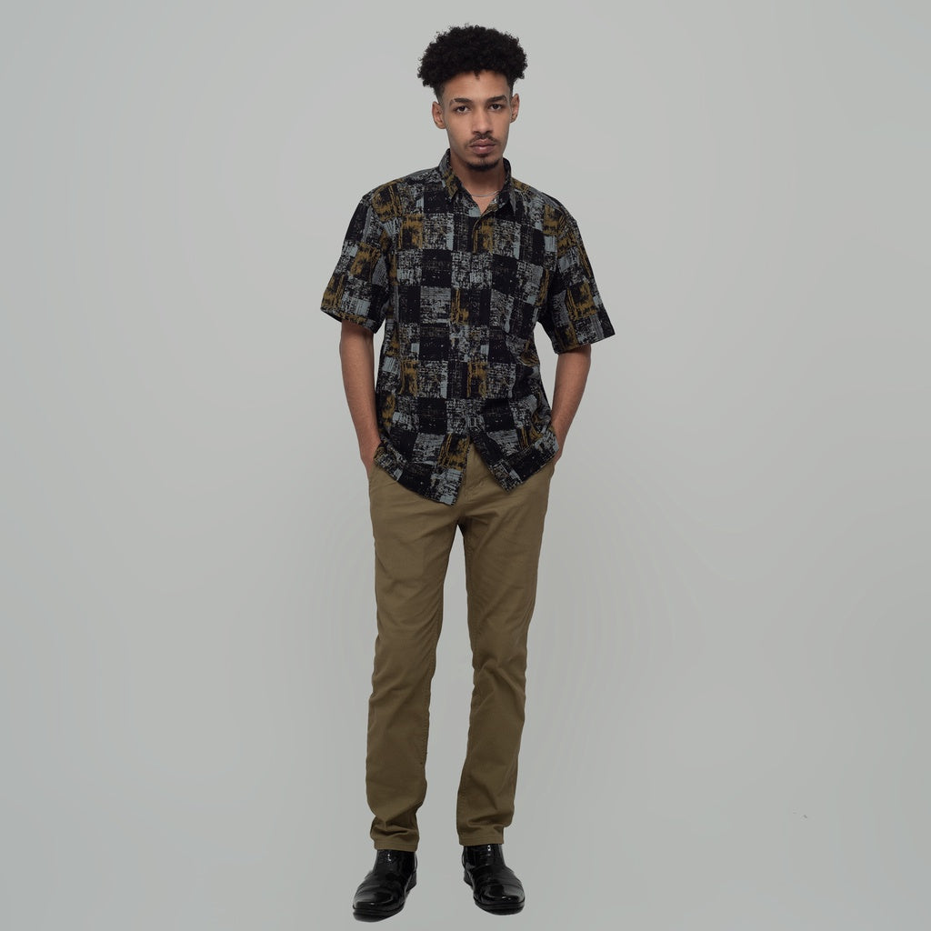 Benhill Kemeja Pria Linen Printing  Lengan Pendek Black 28806-46202