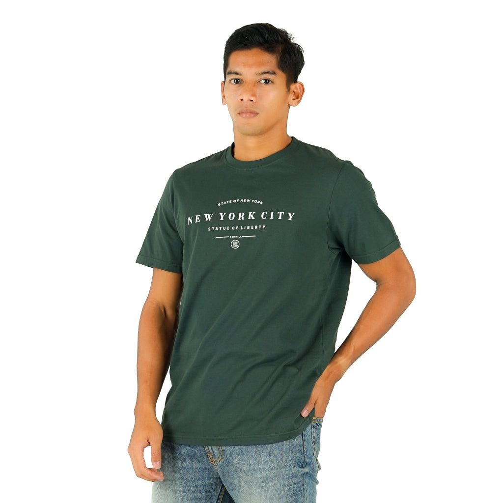 Benhill T-shirt Pria Grafis Katun 30s Combed Pendek Hijau Army A401-29H68