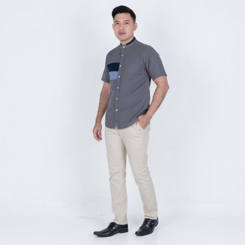 Benhill Kemeja Koko Pria Linen Combination Pendek Dark Grey 50390-51166-166