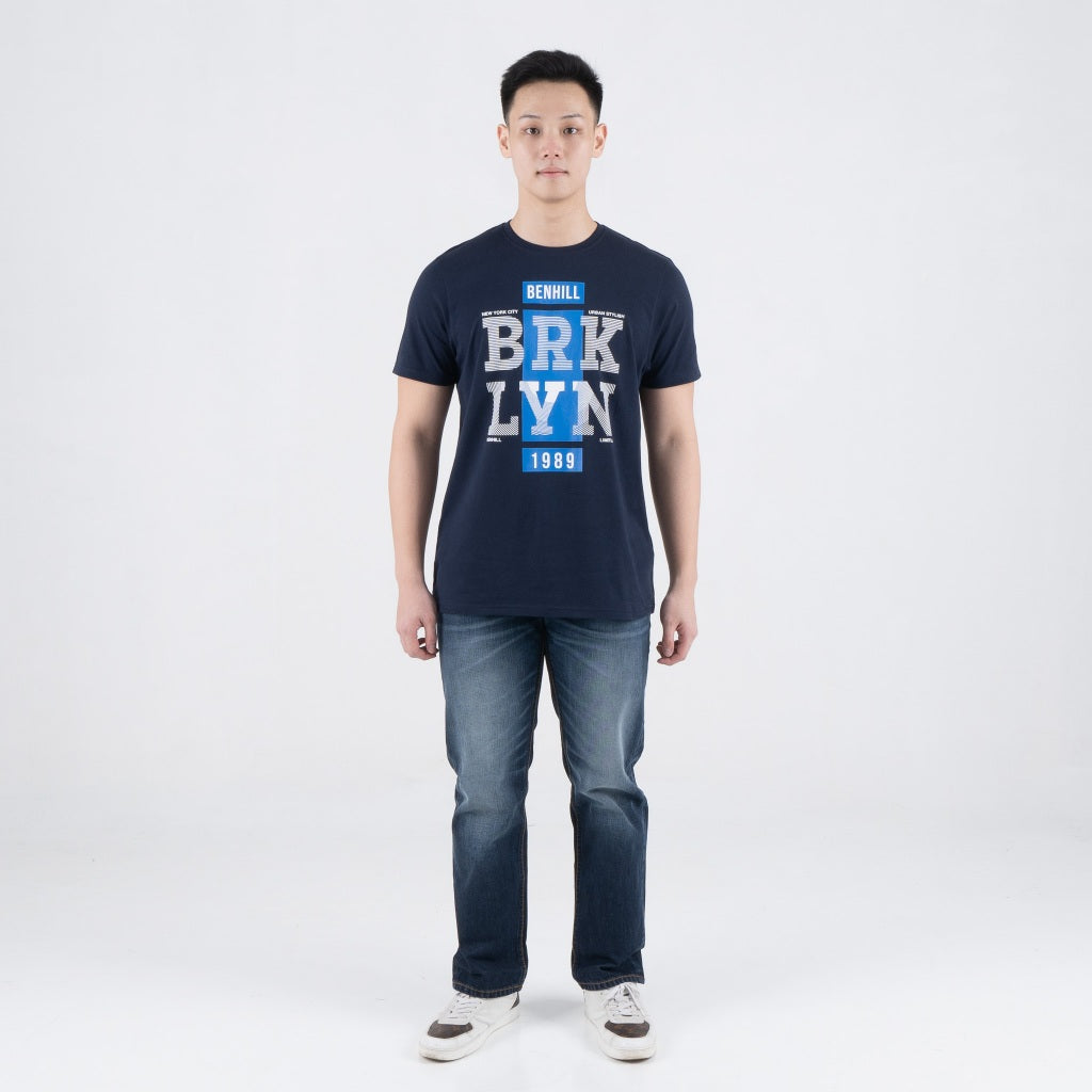 Benhill T-shirt Pria Grafis Katun 30s Combed Pendek Navy A479-39G68