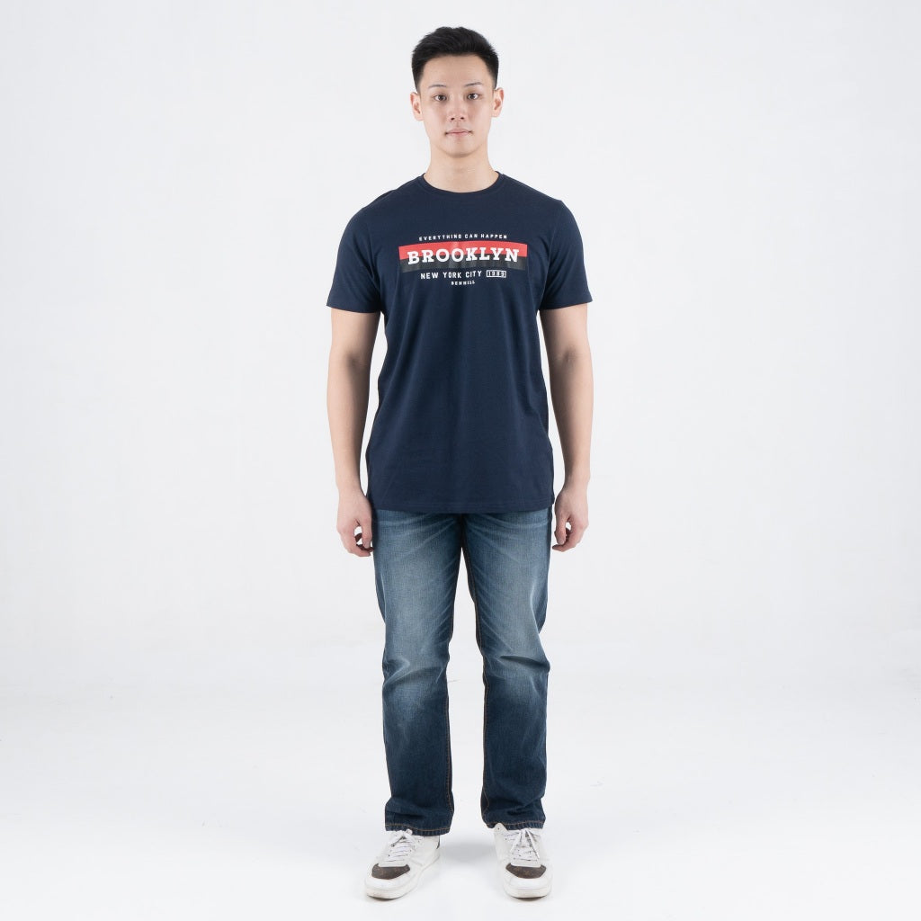 Benhill T-shirt Pria Grafis Katun 30s Combed Pendek Navy A475-39G68