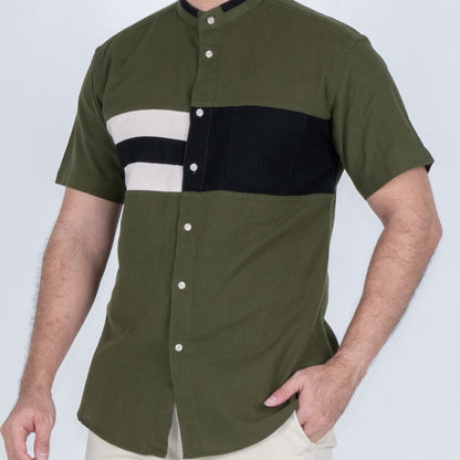 Benhill Kemeja Koko Pria Linen Combination Pendek Army 50054-51166-16H