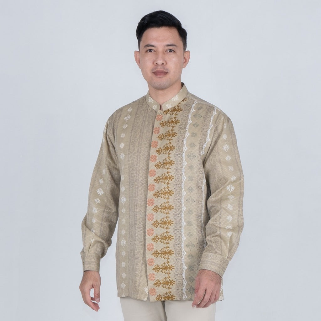 Benhill Kemeja Koko Pria "Tenun Sultan" Dobby Printing Panjang  Khaki 51037-36509