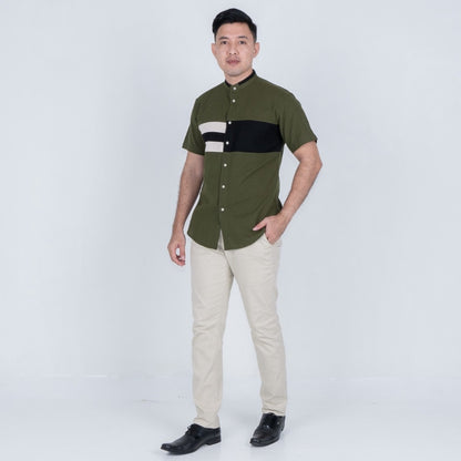 Benhill Kemeja Koko Pria Linen Combination Pendek Army 50054-51166-16H