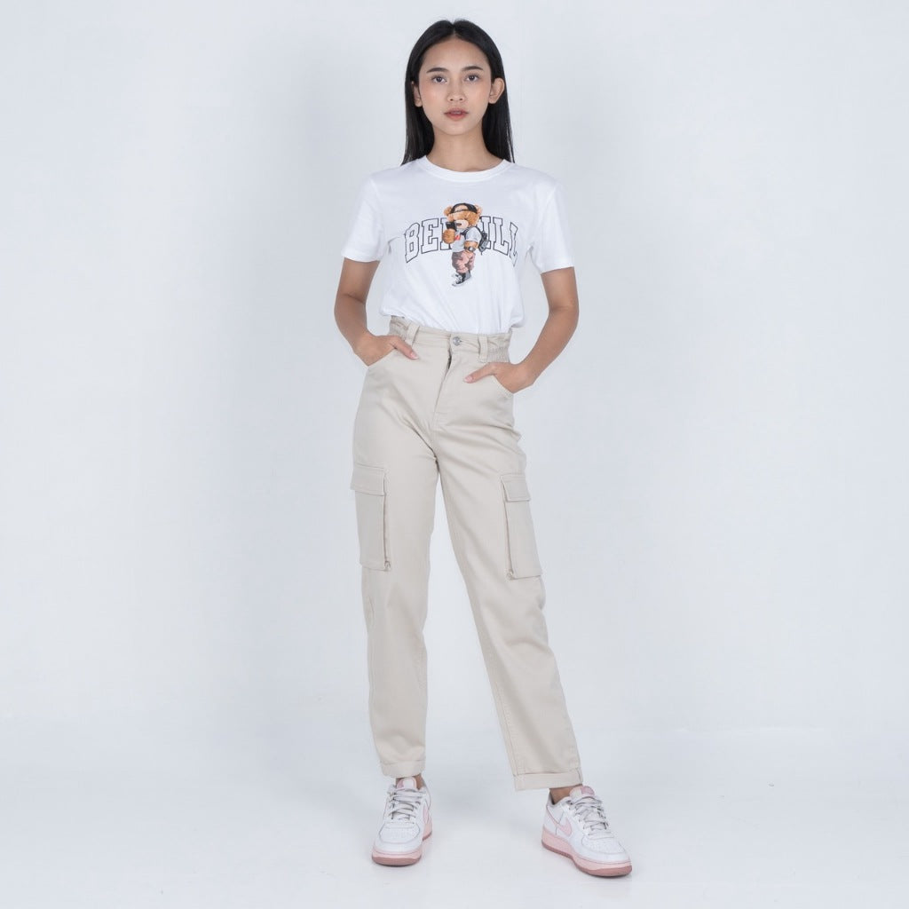 Benhill Celana "Miso" Wanita Cotton Stretch High Waist Cargo Pants Beige A523-2290Y