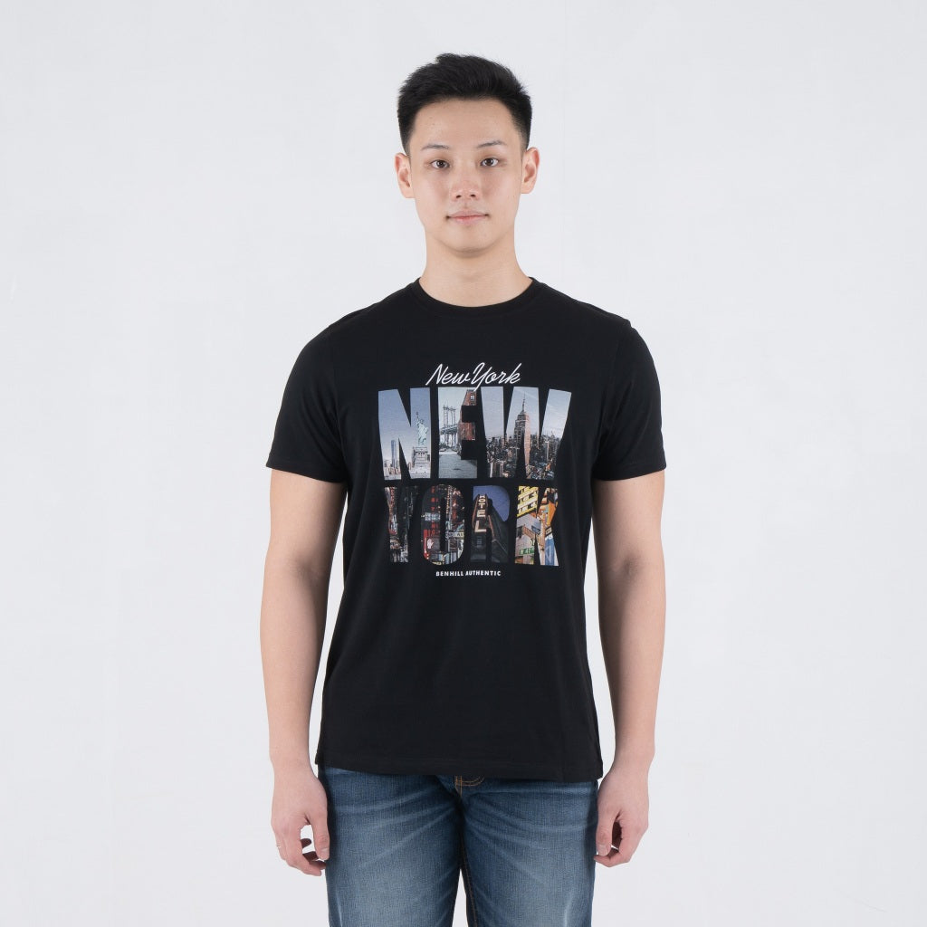Benhill T-shirt Pria Grafis Katun 30s Combed Pendek Black A483-39268