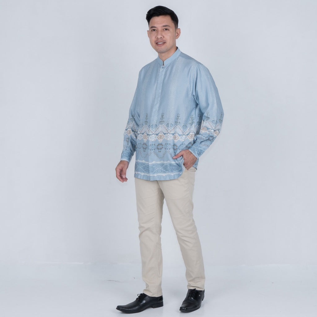 Benhill Kemeja Koko Pria "Tenun Sultan" Dobby Printing Panjang Baby Blue 51043-16309