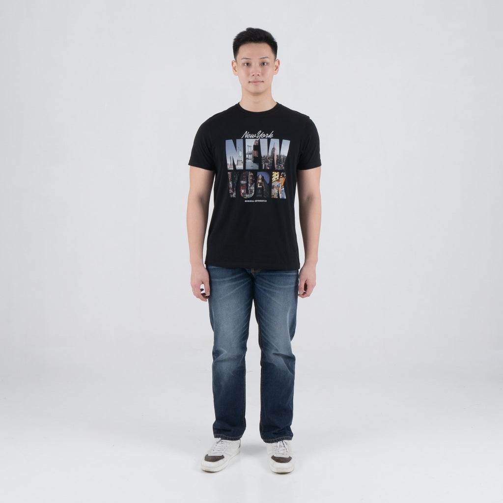 Benhill T-shirt Pria Grafis Katun 30s Combed Pendek Black A483-39268