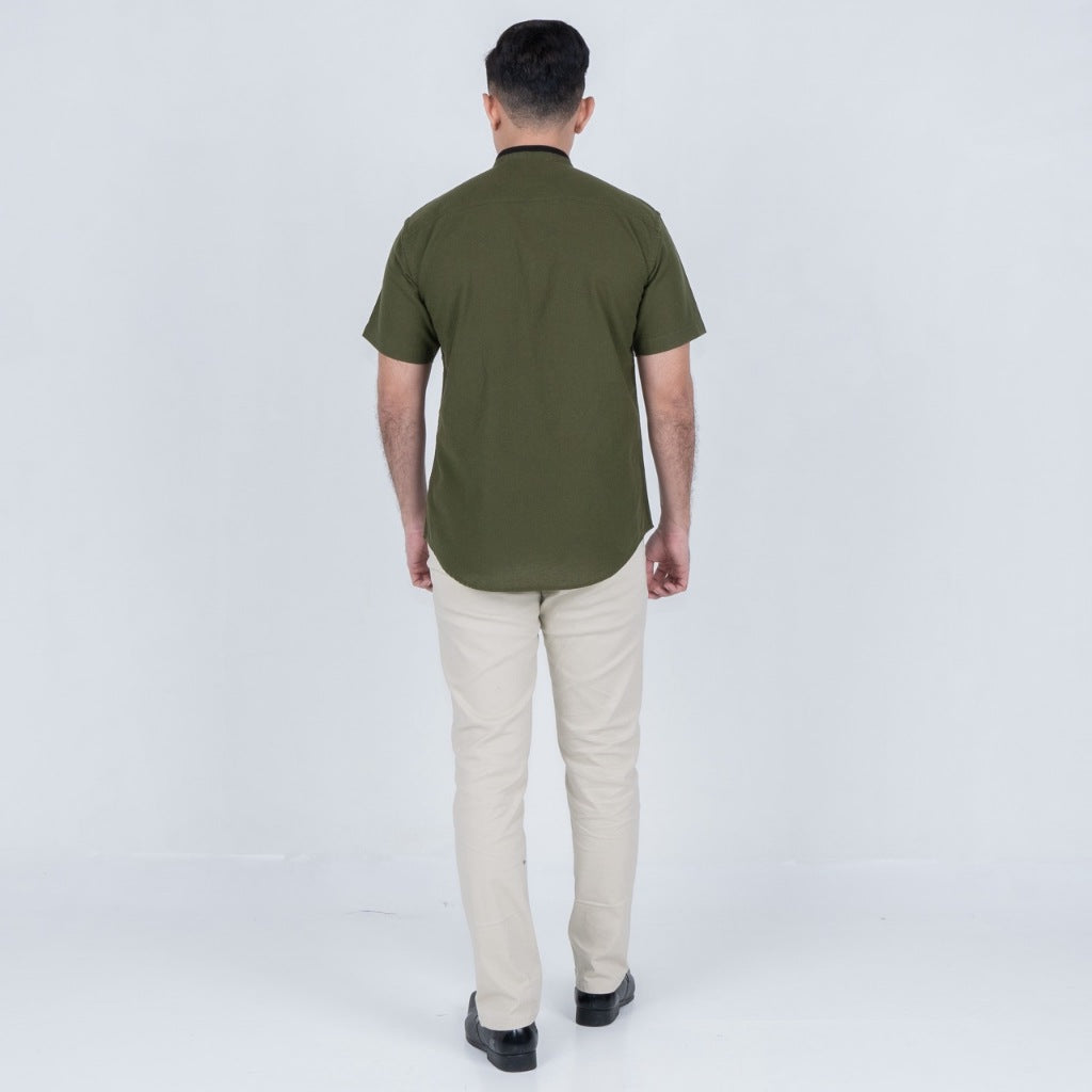 Benhill Kemeja Koko Pria Linen Combination Pendek Army 50054-51166-16H