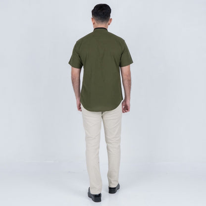 Benhill Kemeja Koko Pria Linen Combination Pendek Army 50054-51166-16H