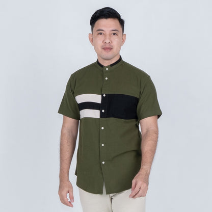 Benhill Kemeja Koko Pria Linen Combination Pendek Army 50054-51166-16H