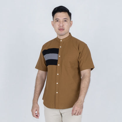 Benhill Kemeja Koko Pria Linen Combination Pendek Coklat tua  50384-51166-165