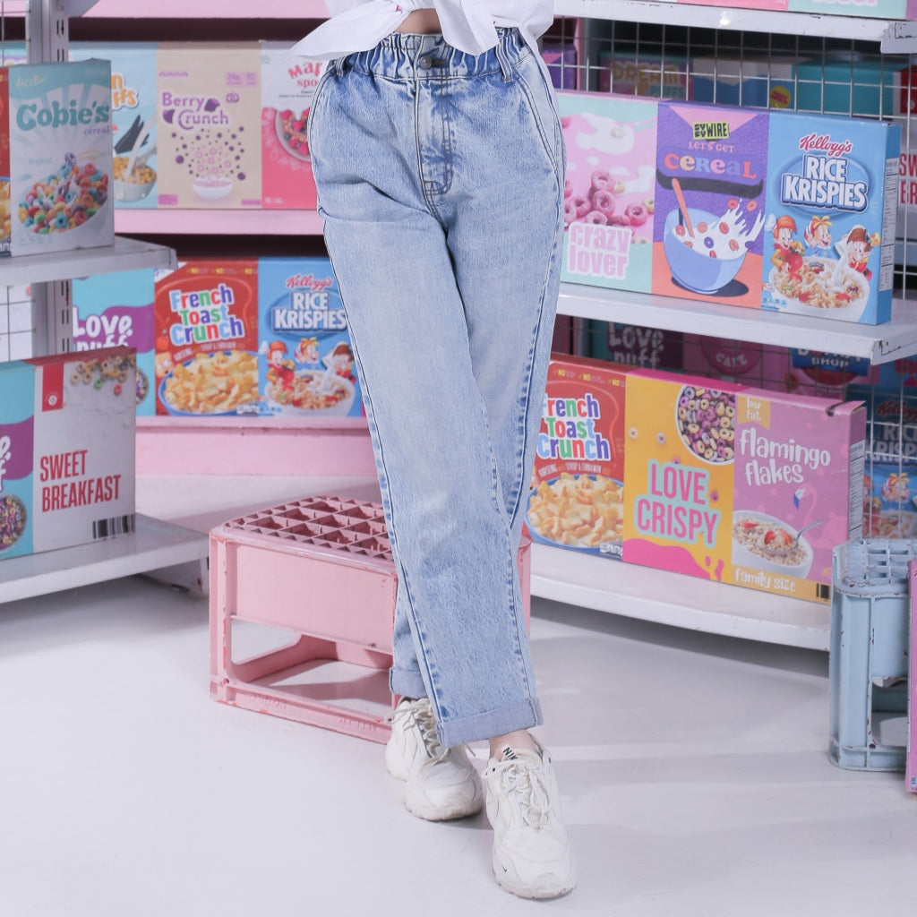 BENHILL Celana Wanita "BYEOL" Highwaist Loose Straight Jeans Light Blue A508-3232G