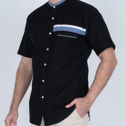 Benhill Kemeja Koko Pria Linen Combination Pendek Black  50383-51166-162