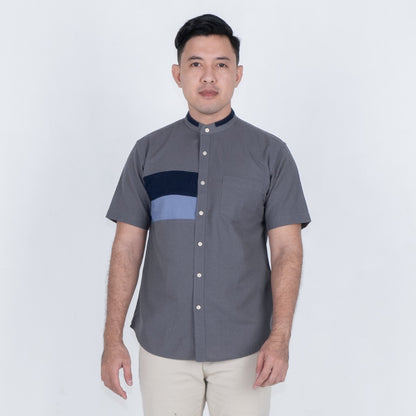 Benhill Kemeja Koko Pria Linen Combination Pendek Dark Grey 50390-51166-166