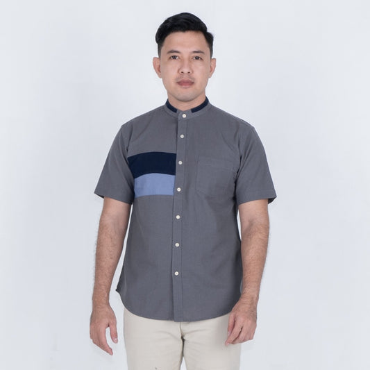 Benhill Kemeja Koko Pria Linen Combination Pendek Dark Grey 50390-51166-166