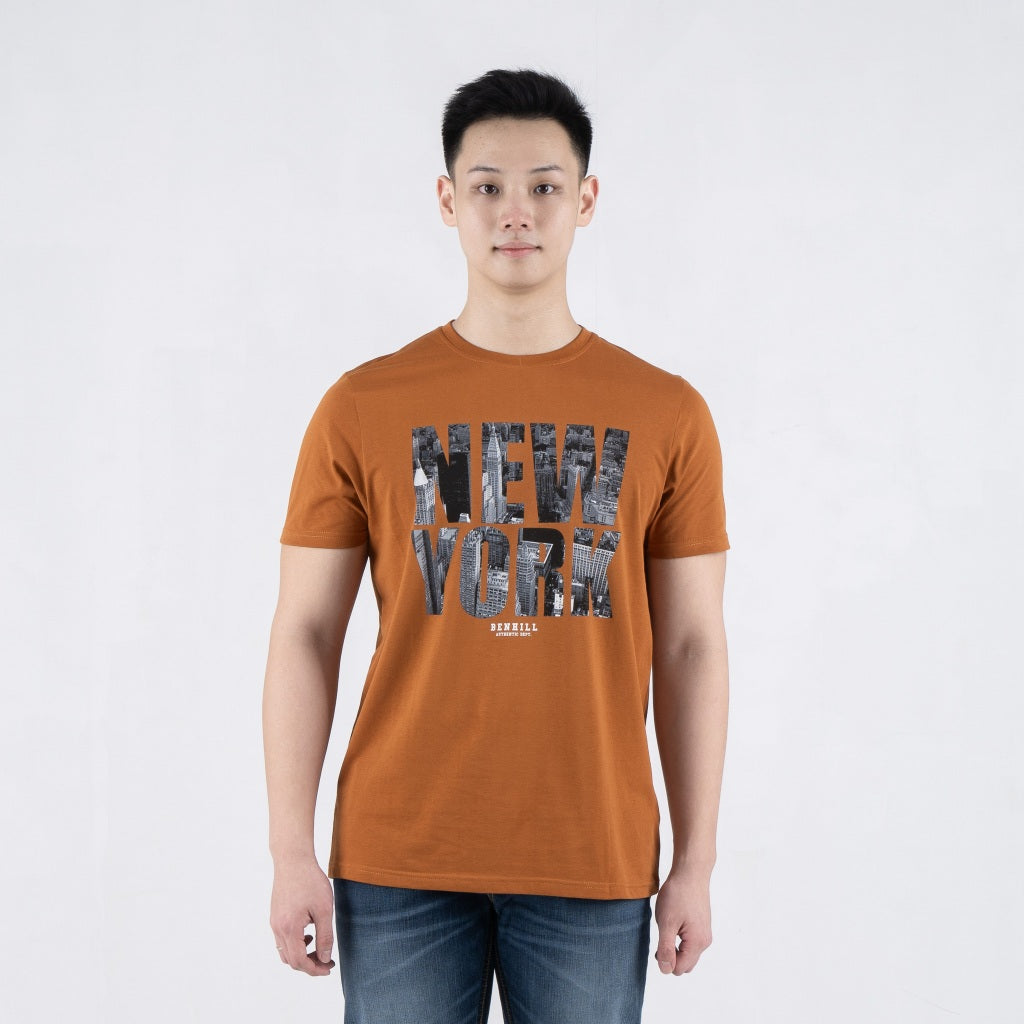 Benhill T-shirt Pria Grafis Katun 30s Combed Pendek Brown A701-39568