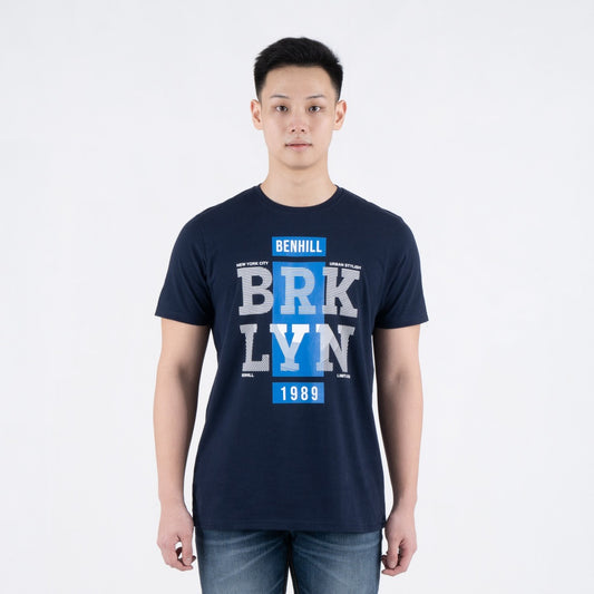 Benhill T-shirt Pria Grafis Katun 30s Combed Pendek Navy A479-39G68