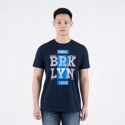 Benhill T-shirt Pria Grafis Katun 30s Combed Pendek Navy A479-39G68