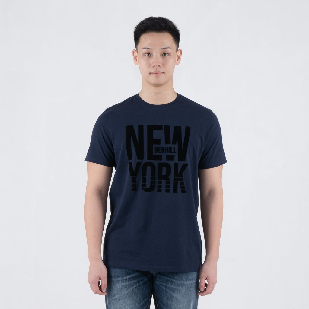 Benhill T-shirt Pria Grafis Katun 30s Combed Pendek Navy A477-39G68