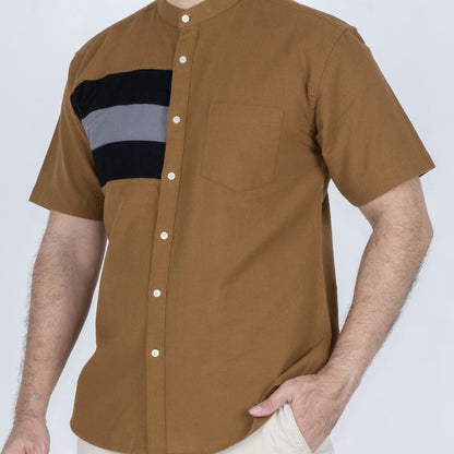 Benhill Kemeja Koko Pria Linen Combination Pendek Coklat tua  50384-51166-165
