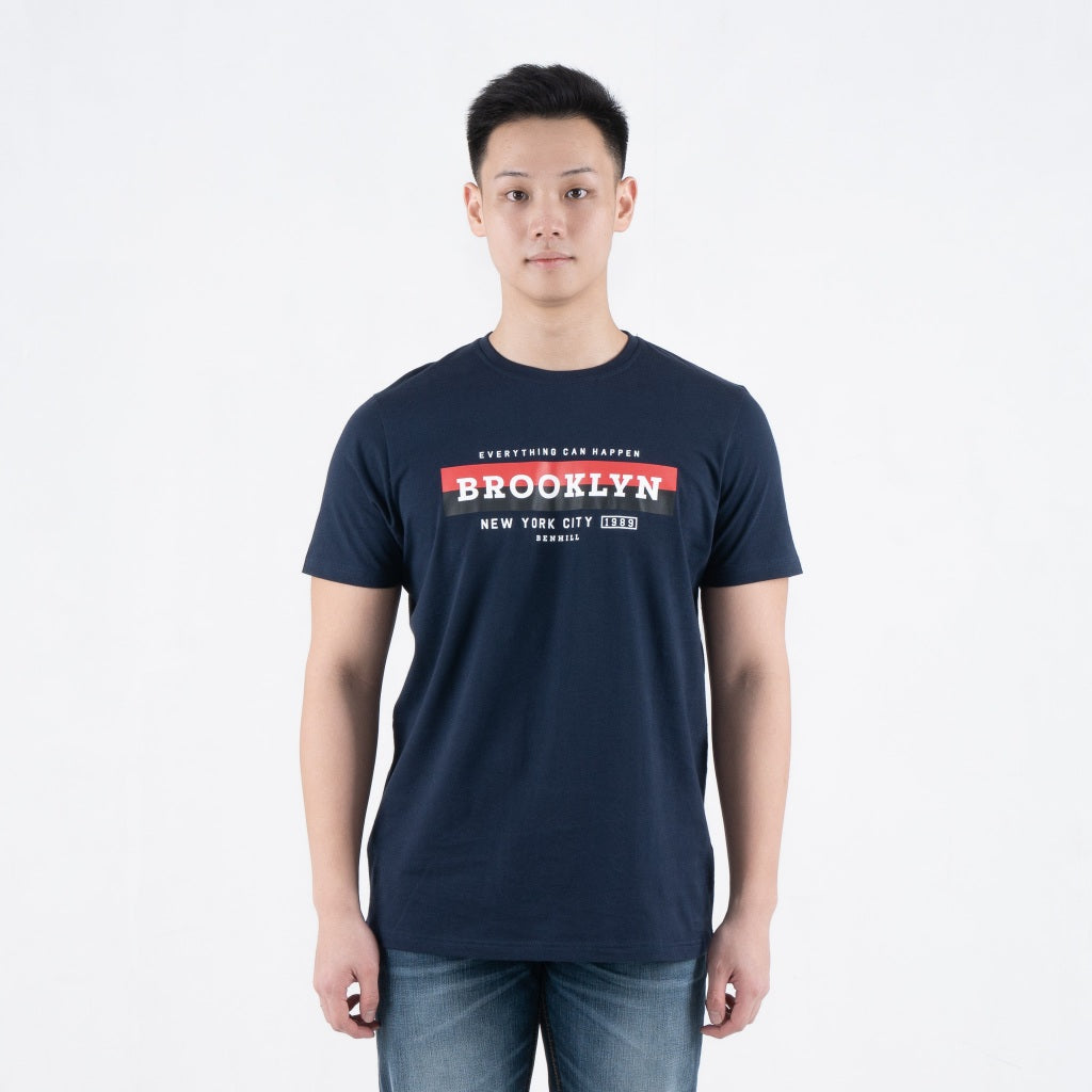 Benhill T-shirt Pria Grafis Katun 30s Combed Pendek Navy A475-39G68