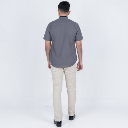 Benhill Kemeja Koko Pria Linen Combination Pendek Dark Grey 50390-51166-166
