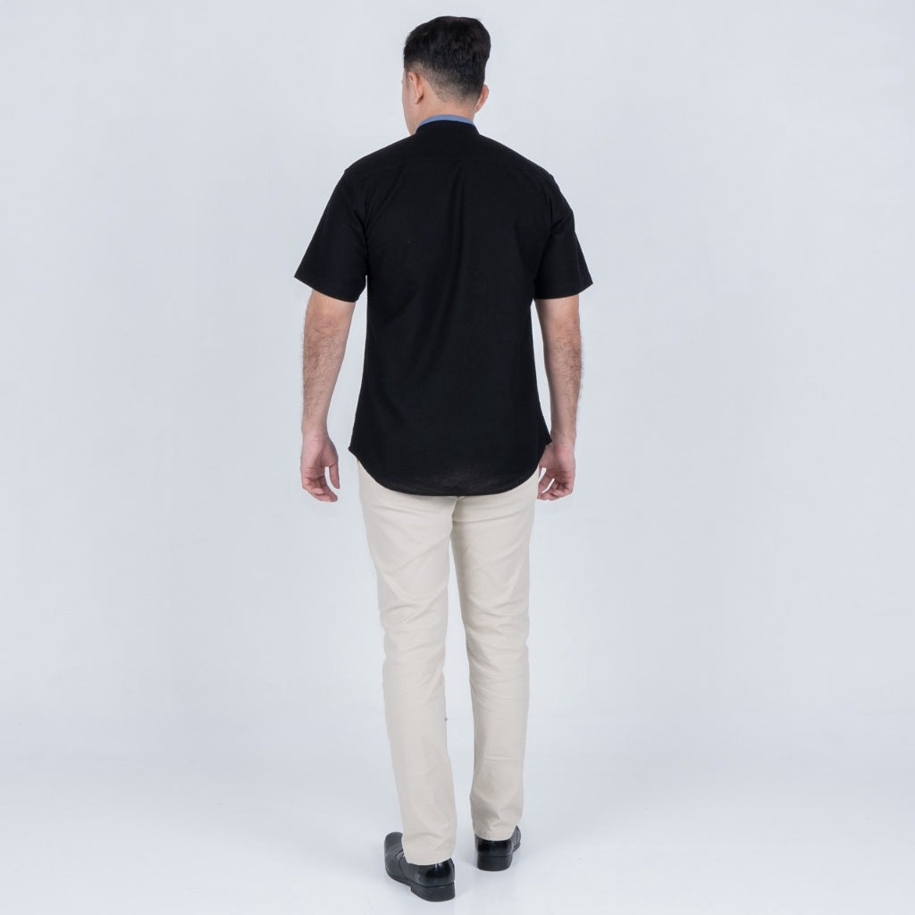 Benhill Kemeja Koko Pria Linen Combination Pendek Black  50383-51166-162