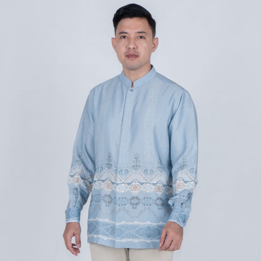 Benhill Kemeja Koko Pria "Tenun Sultan" Dobby Printing Panjang Baby Blue 51043-16309