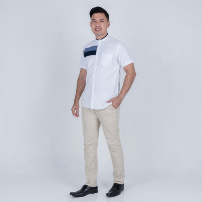 Benhill Kemeja Koko Pria Linen Combination Pendek White 50055-51166-161