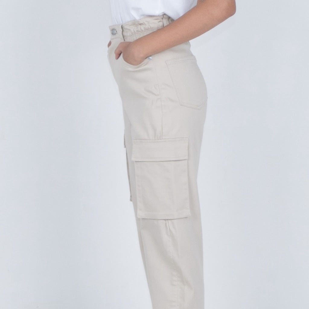 Benhill Celana "Miso" Wanita Cotton Stretch High Waist Cargo Pants Beige A523-2290Y