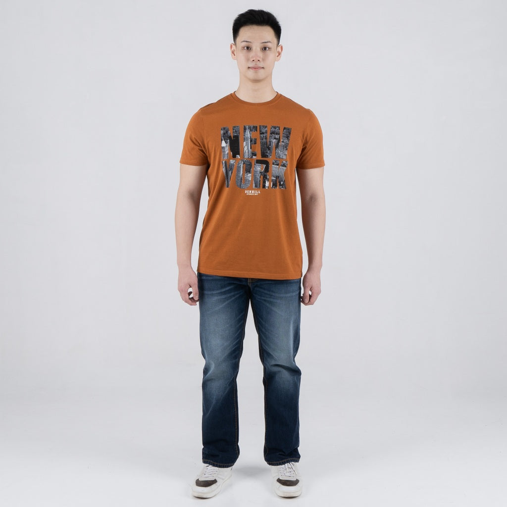Benhill T-shirt Pria Grafis Katun 30s Combed Pendek Brown A701-39568