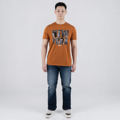 Benhill T-shirt Pria Grafis Katun 30s Combed Pendek Brown A701-39568