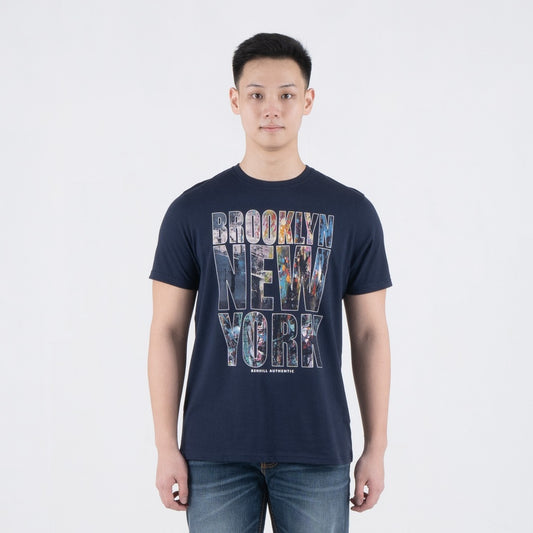 Benhill T-shirt Pria Grafis Katun 30s Combed Pendek Navy A481-39G68