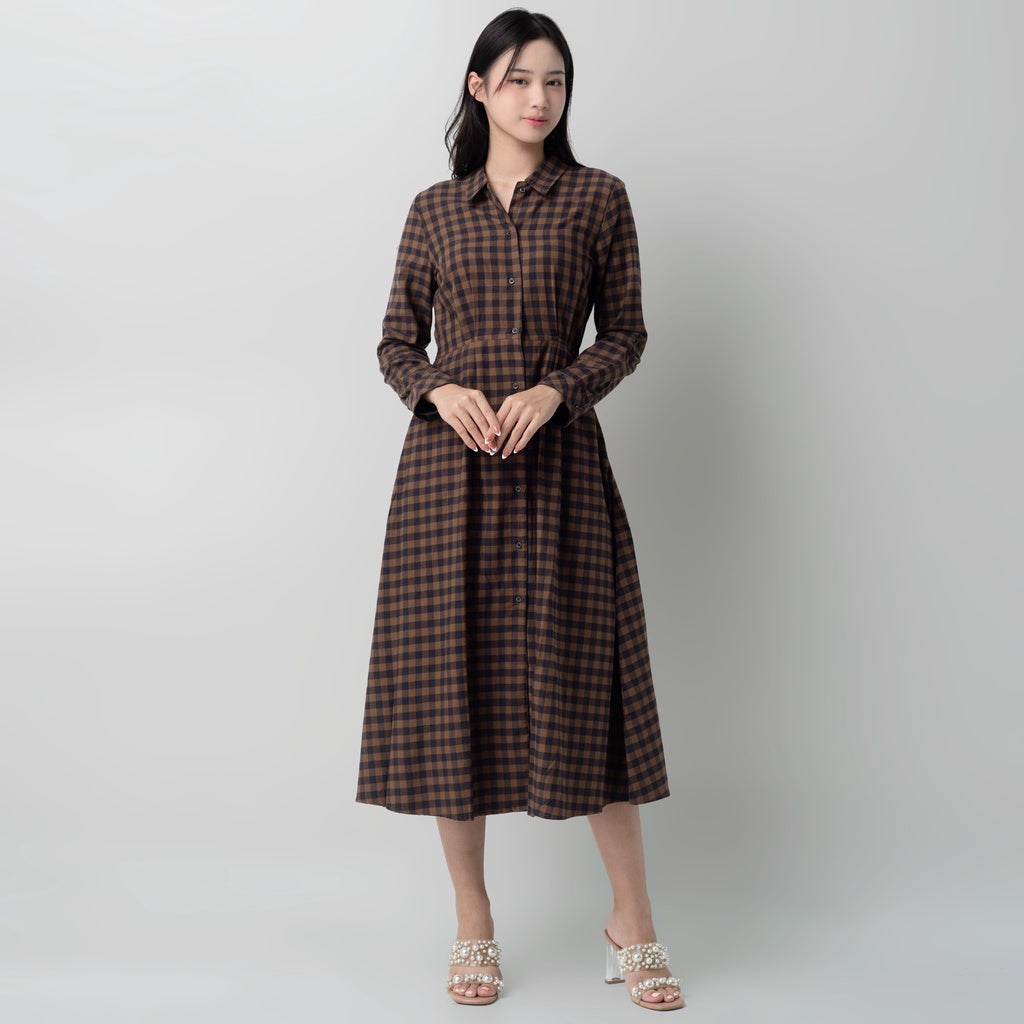 Benhill Gamis Wanita Flannel Lengan Panjang Kotak Coklat 0741-11530