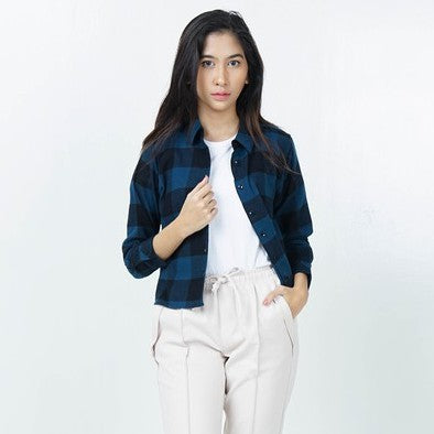 Benhill Kemeja Crop Top Wanita Flannel  Lengan Panjang Kotak Biru 738-11384