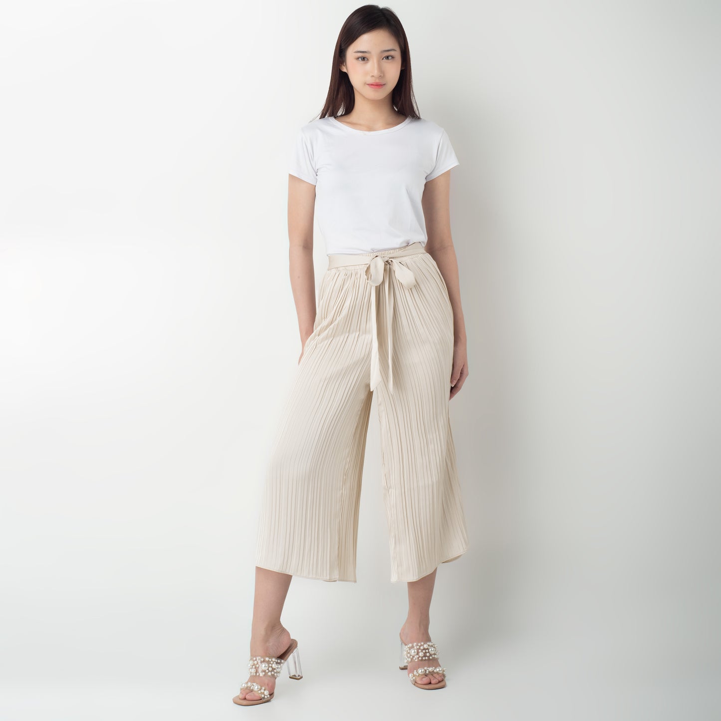 Benhill Celana Wanita "Yoana" Pants Pleated Cullotes Pinggang Karet Dengan Tali Pinggang Cream 277-39590